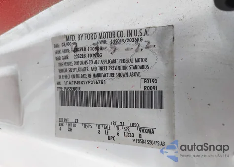 2000 Ford Mustang Gt z USA, uszkodzony, nr VIN 1FAFP45X1YF216781